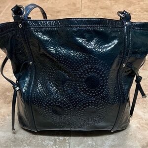 Coach Navy Patent Leather Shoulder Tote with Embossed Circle Detail